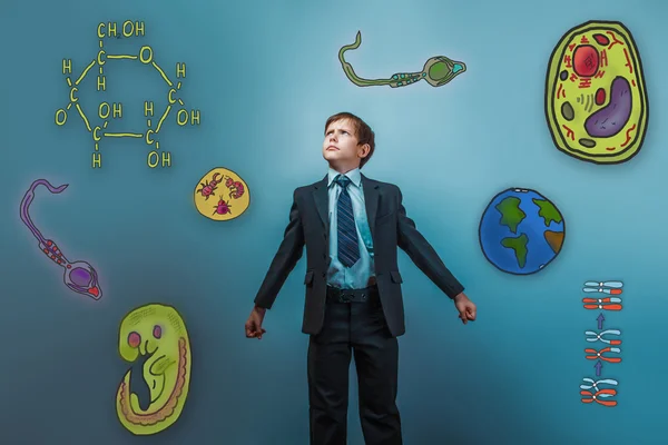 Boy looking up serious businessman opened his arms Icons biology — 图库照片