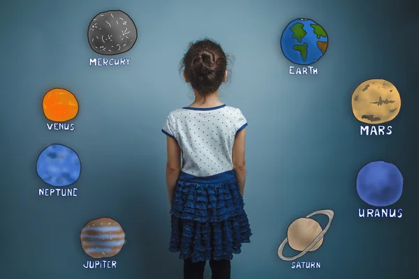 La ragazza si voltò e si alza tranquillamente pianeti del sistema solare — Foto Stock