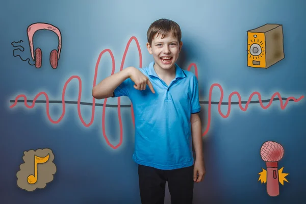 Teenage boy laughing and showing his finger down the sound wave — Zdjęcie stockowe