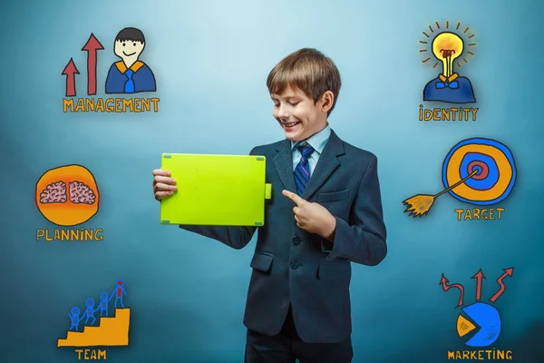 Teenage boy laughing pointing at plate collection business icons — Φωτογραφία Αρχείου