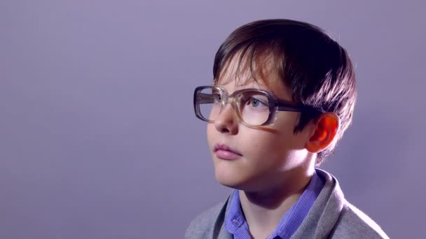 Boy teenager portrait schoolboy nerd glasses on purple background education — Stock Video