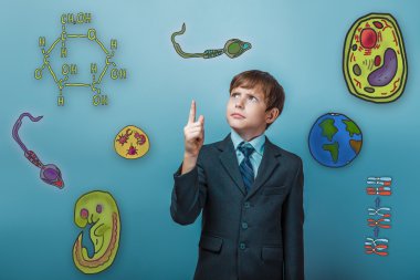 businessman adolescence boy frowned and shows thumb up icon set
