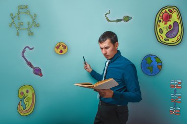 Businessman frowning man reading a book and points to the hand i