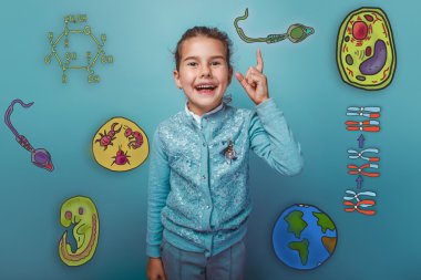 girl smiles and points a finger at Icons biology education forma