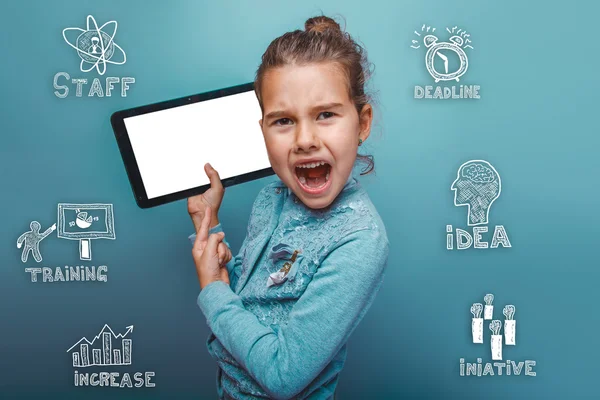 Teen girl holding a tablet pointed at him and yelled angry sketc — Stock Photo, Image