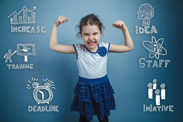 Teen girl shows the strength of the sketch icons set business st — Stock fotografie