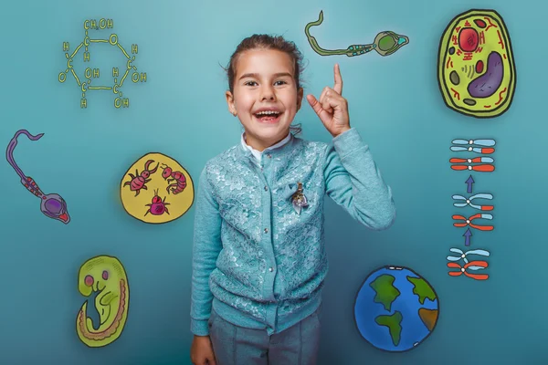 Girl smiles and points a finger at Icons biology education forma — Stock Fotó