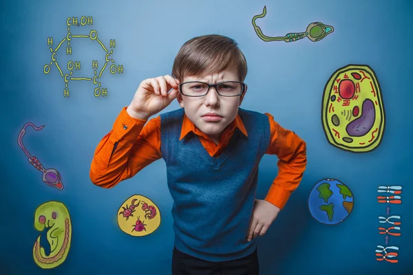 retro style boy holds hand glasses looking forward bent studying