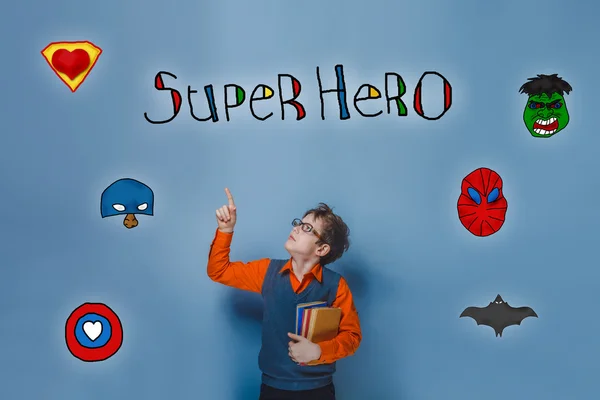 Retro boy teenager shows his hand up to the superhero super powe — Zdjęcie stockowe