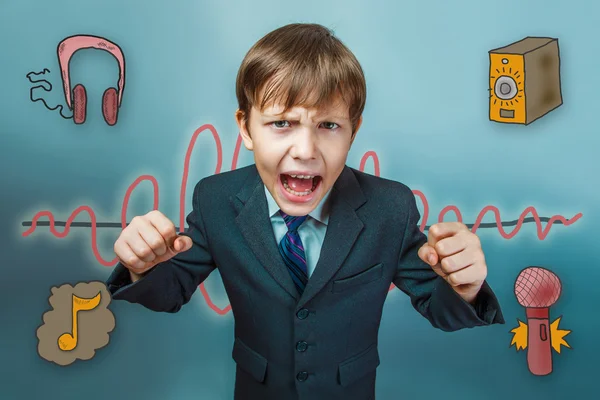 Teen boy businessman clenched his fists and yelling mouth open f — Stockfoto