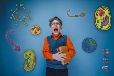 teenage boy retro style glasses holds book and shouts opened his