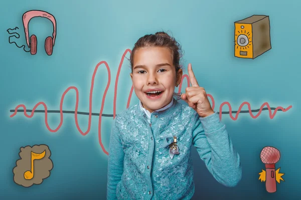 Teen girl held up a finger up laughing opening of the sound wave — Stockfoto