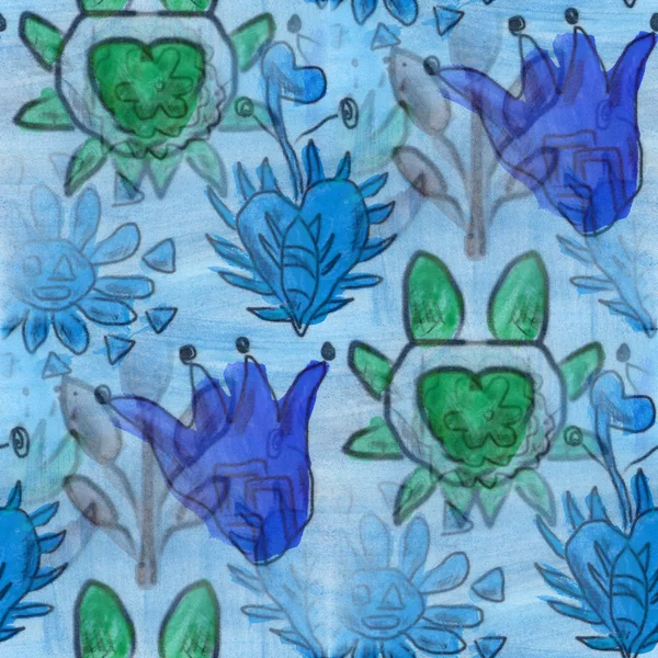 シームレスな水彩画の青い飾り飾り手作りの花の壁紙 — ストック写真
