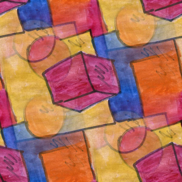 Seamless brown red circle square cubism abstract watercolor handmade wallpaper — ストック写真