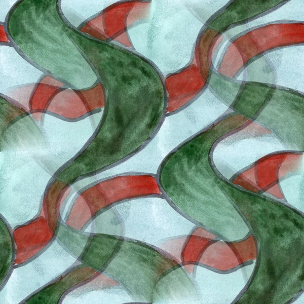 Бесшовные волны зеленые синие красные кривые полосы кубизма абстрактные обои акварели ручной работы Стоковая Картинка