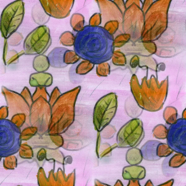 Watercolor flowers seamless handmade purple orange wallpaper background — Stock Photo, Image