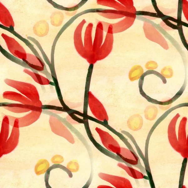 Watercolor flowers seamless handmade wallpaper pink red background — Stock Photo, Image