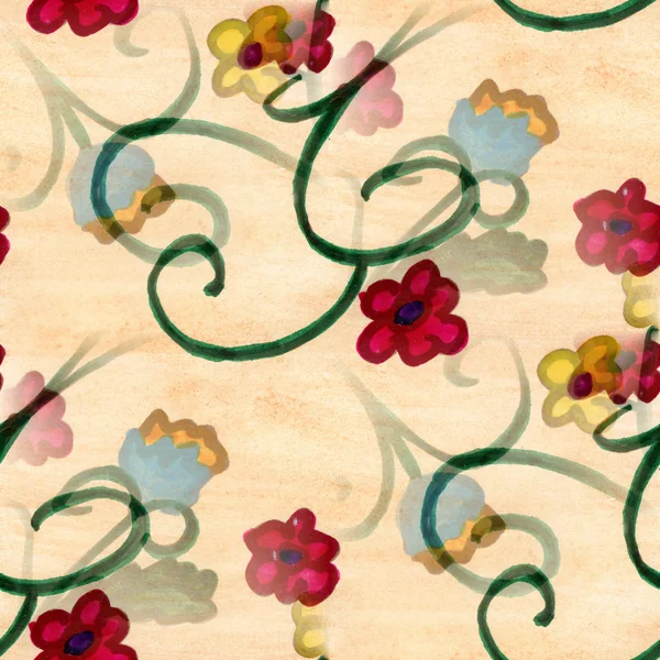 Watercolor flowers seamless background wallpaper handmade Red Green — 图库照片