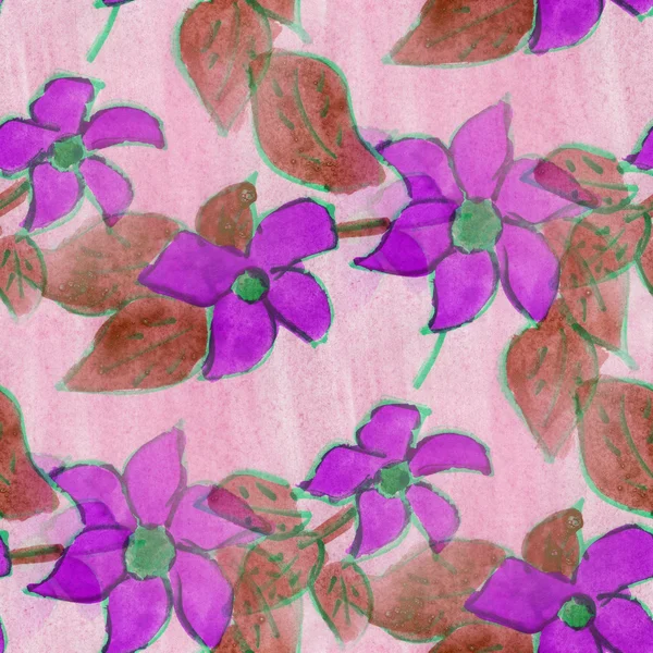 Flowers seamless purple pink background snowdrop wallpaper handmade watercolor — Stock Photo, Image
