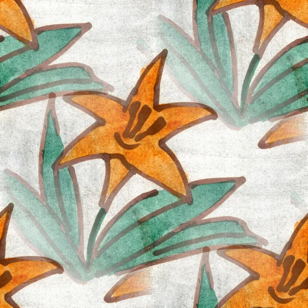 Flowers seamless orange green background snowdrop wallpaper handmade watercolor — Stok fotoğraf