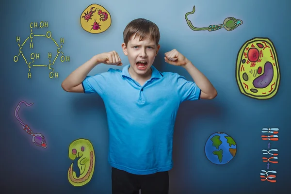 Teen boy screaming and showing hands the power icon set Educatio — ストック写真