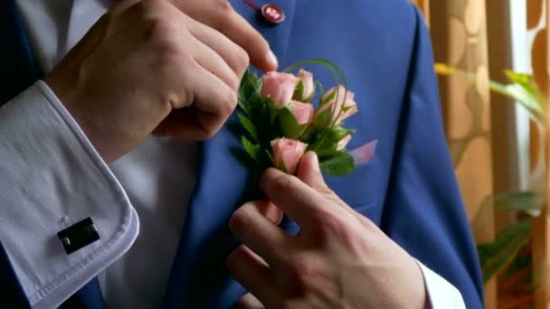 Groom boutonniere on a man corrects his pocket hand — Stock Video