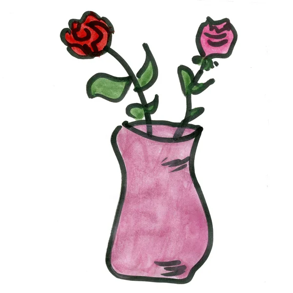 Rosas dos desenhos animados em um vaso isolado no fundo branco desenho animado aquarela — Fotografia de Stock