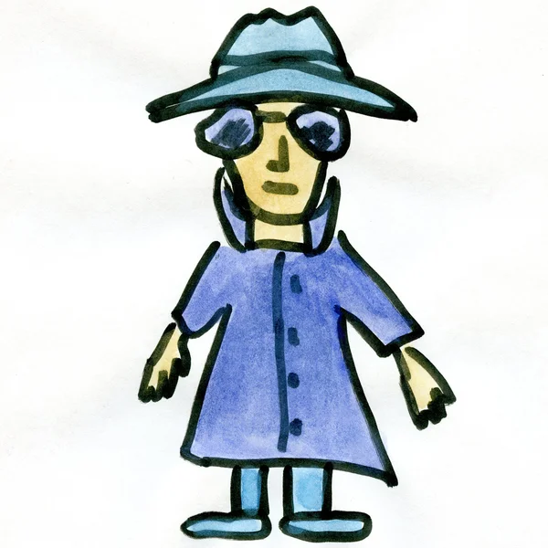 Rajzfilm nyomozó Fbi kém egy ember elszigetelt fehér háttér rajzfilm akvarell — Stock Fotó