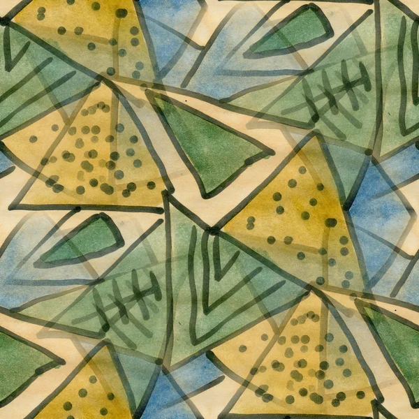 Τρίγωνο κίτρινο πράσινο τετράγωνο άνευ ραφής υφή ταπετσαρία ακουαρέλα — Φωτογραφία Αρχείου