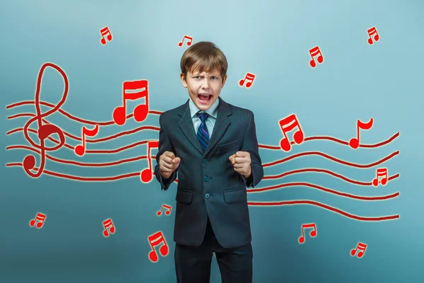 Adolescent boy clenched his fists and yelling music notes sketch — Stockfoto