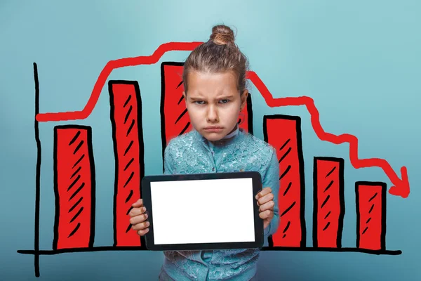 Girl holds a the tablet of adolescence arms businessman chart cr — Stock Photo, Image