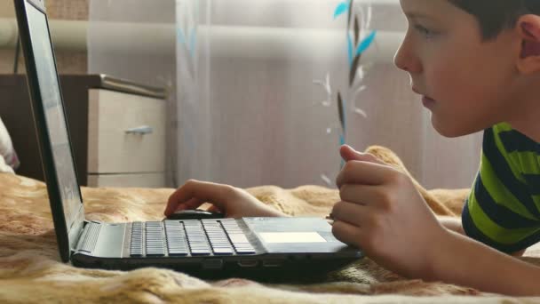 Παίζει αγόρι laptop περιήγηση στο internet — Αρχείο Βίντεο
