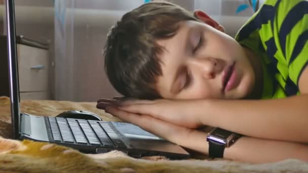 Garçon dormir près de l'ordinateur portable fatigué — Video