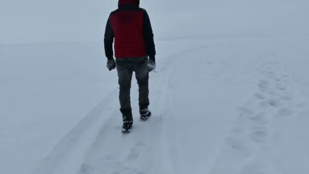 Hombre invierno está en el camino una ventisca nevando — Vídeos de Stock