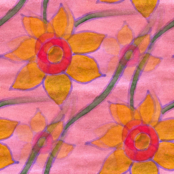 Watercolor flower pattern seamless floral background illustration yellow pink spring  wallpaper vintage art flowers — Zdjęcie stockowe