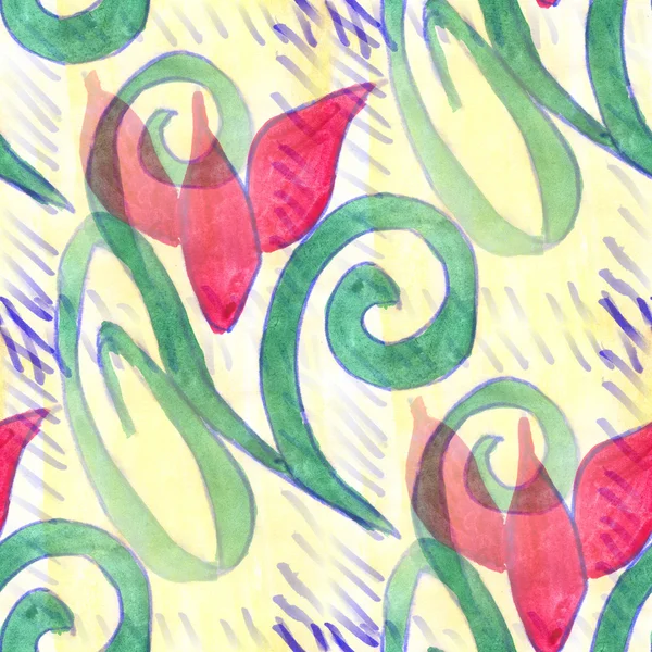 Acuarela flor verde amarillo rojo patrón sin costuras flores fondo ilustración primavera papel pintado flores de arte vintage —  Fotos de Stock
