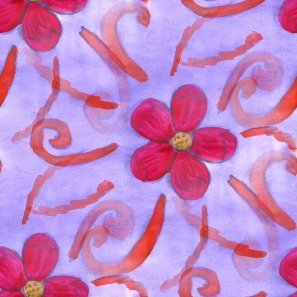 Aquarela vermelho roxo flor padrão sem costura floral fundo ilustração primavera papel de parede vintage arte flores — Fotografia de Stock