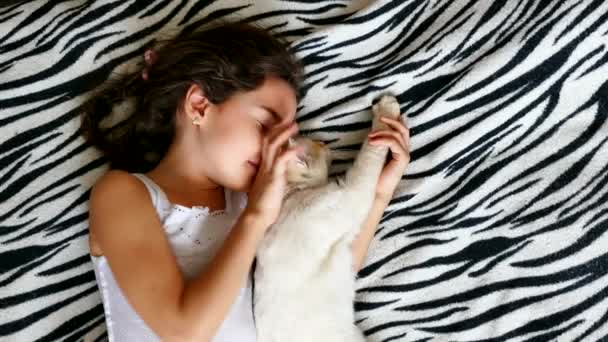 Девочка-подросток гладит кошку, лежащую на кровати любви — стоковое видео
