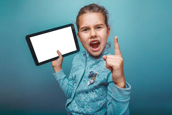 Teen girl of European appearance seven years  shows a finger up — Stock Photo, Image