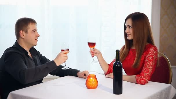 Man and woman romantic evening love in restaurant drinking wine , Valentines Day — Stock Video