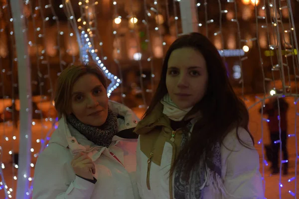 Mom Her Teenage Daughter White Jackets Night Christmas — Stock Photo, Image