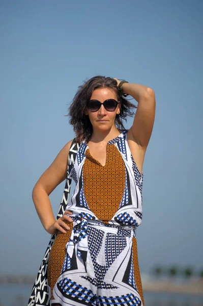 Cute Brunette Summer Sunglasses Summer Overalls — Stock Photo, Image