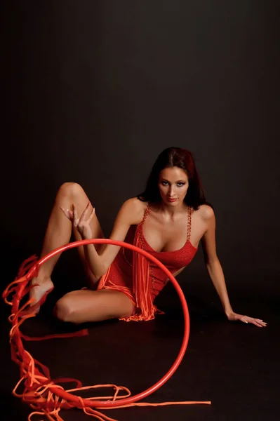 Sexy Brunette Red Suit Gymnastic Hoop Dark Background Studio — Stock Photo, Image