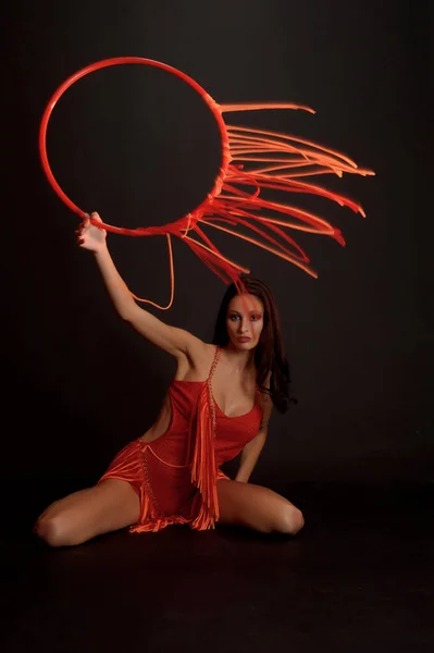 Sexy Brunette Red Suit Gymnastic Hoop Dark Background Studio — Stock Photo, Image