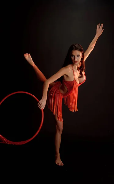 Sexy Brunette Red Black Background Hoop Gymnast Dancer — Stock Photo, Image