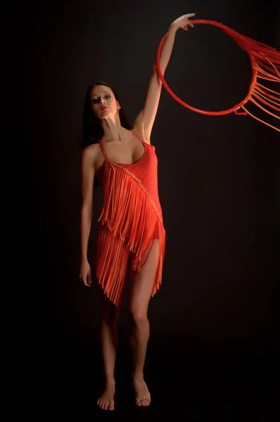 Sexy Brunette Red Black Background Hoop Gymnast Dancer — Stock Photo, Image