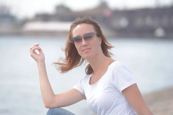 Happy Brunette White Shirt Summer Outdoor — Stock Photo, Image