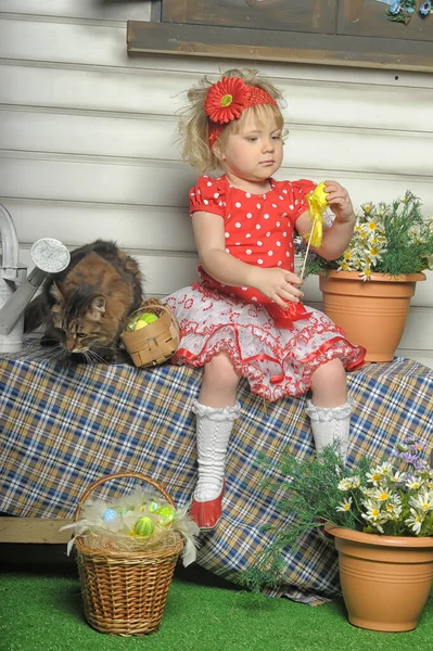 穿着圆圆点连衣裙的小女孩和猫坐在一起 — 图库照片