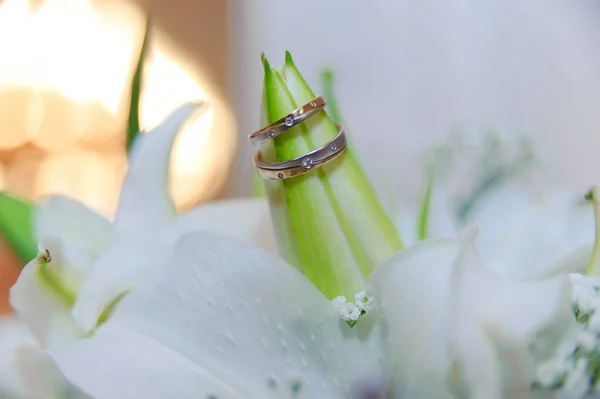 Wedding Rings Lily Flowers Wedding Day Close — Stock Photo, Image