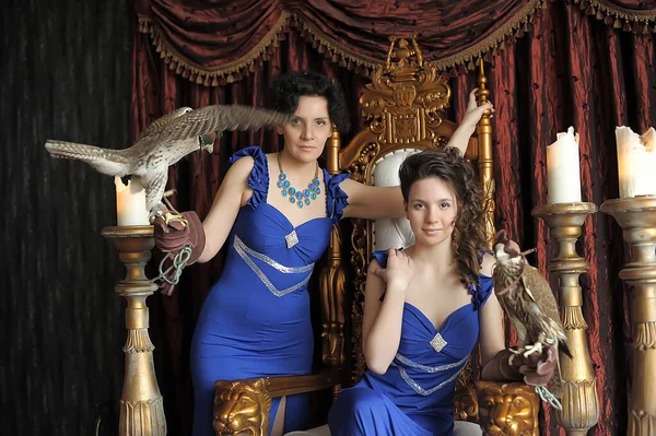 Dwie Brunetki Księżniczka Królowa Niebieskiej Sukience Sokołem Tronie — Zdjęcie stockowe